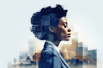 Business woman with city skyline, double exposure, African American female, generative AI   - obrazy, fototapety, plakaty