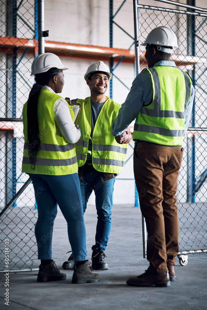 Poster builder, team and handshake at a construction site for a collaboration and partnership. professional