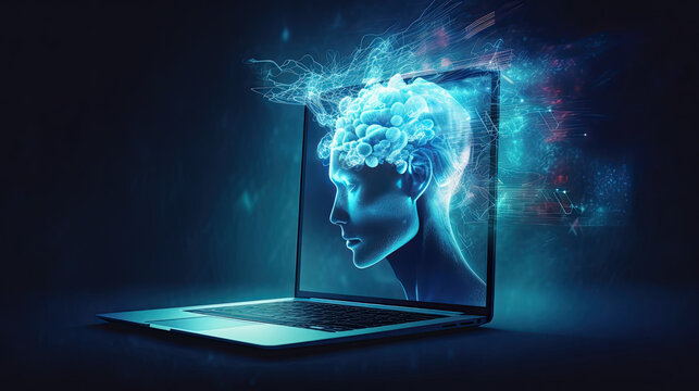 AI bot virtual assistant technology emerging from a laptop computer, generative AI