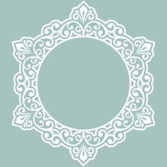Oriental vector ornament with arabesques and floral elements. Traditional round light blue and white classic ornament. Vintage pattern with arabesques