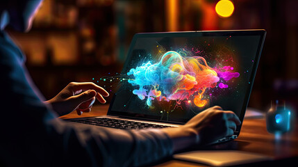 Creative professional working on a laptop using AI technology, burst of creation and amazing ideas and inspiration, colorful explosion, generative AI