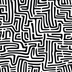 Seamless pattern. Abstract black doodles, curls, maze. Vector background.	
