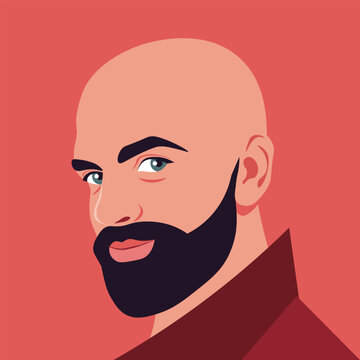 A face of a bald man. Latin American with dark beard. Vector flat Illustration
