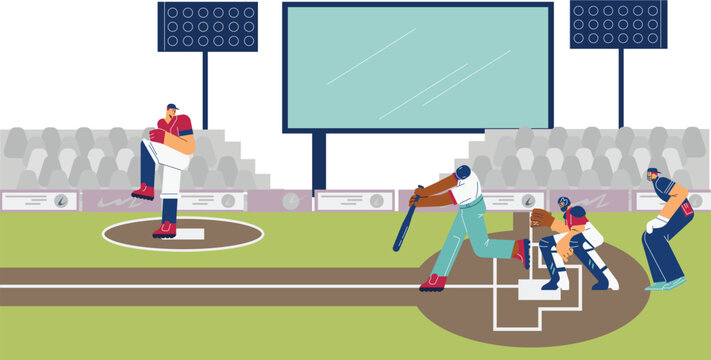 Baseball game in stadium with characters of players flat vector illustration.