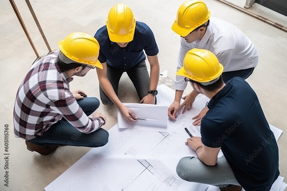 Wall mural high angle view of group of engineers discussing over blueprint at construction site