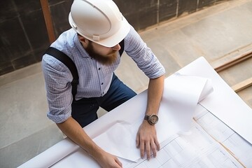 Architect or engineer working on blueprint at office building site. Engineering and architecture concept.