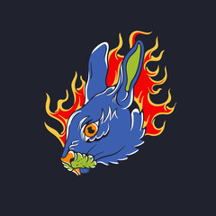 Hand drawn illustration of rabbit head with fire