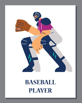 Poster or vertical banner with catcher baseball player flat style