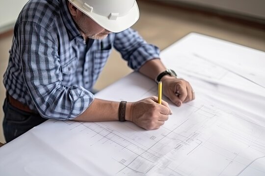 Architect or engineer working on blueprint at office building site. Engineering and architecture concept.