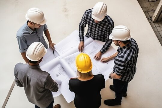 High angle view of group of engineers discussing over blueprint at construction site