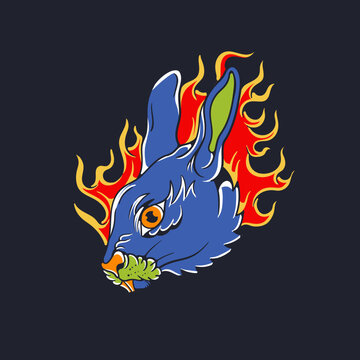 Hand drawn illustration of rabbit head with fire