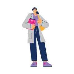 Medical student in medical gown and with textbook bag, flat vector isolated.