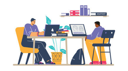 Boys with laptops studying anatomy flat style, vector illustration