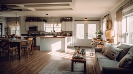 A blurred image of a farmhouse-style kitchen, a sense of depth and atmosphere. Generative AI