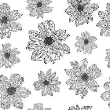 Painted flowers isolated on white background, seamless pattern, vector design