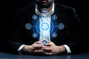 Smart law, legal advice icons and lawyer working tools in the lawyers office showing concept of...