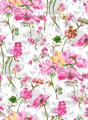Seamless watercolor flower pattern on white background