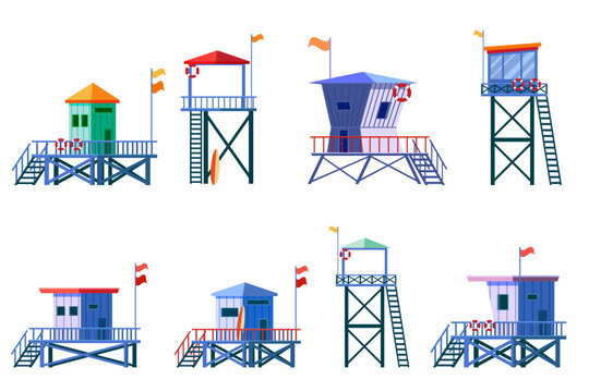 Set of Lifeguard Tower icons. Station beach building