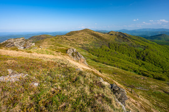 Spring landscape of the Bieszczady Mountains. A view of the Mount Halicz.