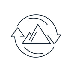 Mountain peaks and rotation arrows. Changing the task. New mission.Vector linear icon isolated on white background.
