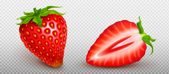 Realistic set of whole and cut half strawberries isolated on transparent background. Vector illustration of sweet juicy red berry with green leaves. Organic food. Summer harvest. Dessert ingredient