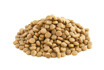 pet dog cat food kibble feed pellet isolated on white background. pile of pet dog cat food kibble feed pellet isolated. heap of pet dog cat food kibble feed pellet isolated