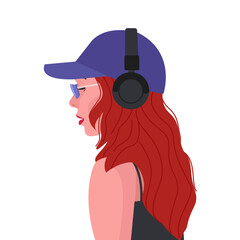Young beautiful girl with pink hair listens to music in headphones. Simple stylish image for music, fashion concepts. Vector illustration on a white background.