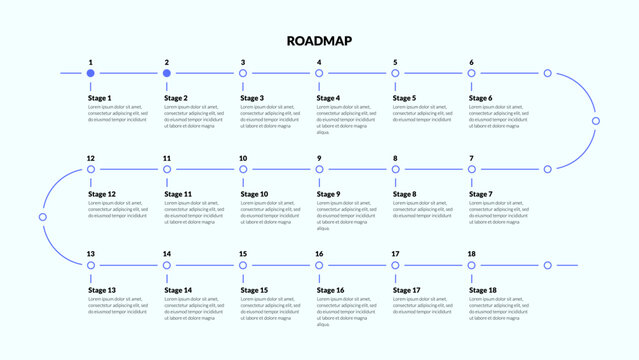 Roadmap with many milestones on winding line. Horizontal infographic timeline template for presentation. Vector.