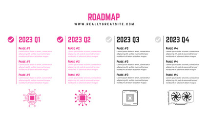 Horizontal quarterly roadmap with milestones and technical clipart on a white background. Timeline infographic template for business presentation.