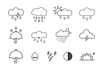 Weather symbol icons by thin black line isolated on white background.