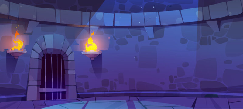 Medieval castle dungeon stone wall game cartoon vector background. Dark ancient underground magic cave with prison gate and window with falling moonlight. Jail in kingdom basement with doorway