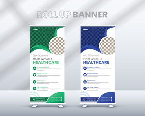 Printing, presentation and brochure banner ads.  Standee and banner template decoration for exhibition. New professional health care and medical roll up design. With two eye catching gradient color.