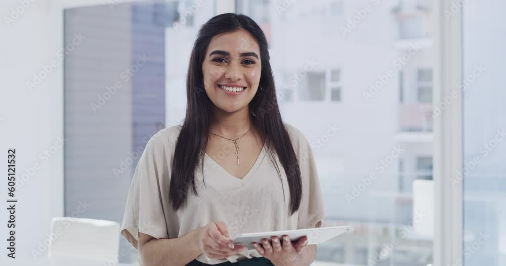 Wall mural Happy, face and a woman with a tablet at work for communication, planning and research. Smile, corporate and portrait of a female lawyer with technology for an email and online legal documents