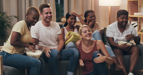 Movie, friends and diversity watch comedy at home for entertainment and relaxing in the lounge. Young, adults and watch funny film together on a couch to relax or have fun on a weekend at the house.