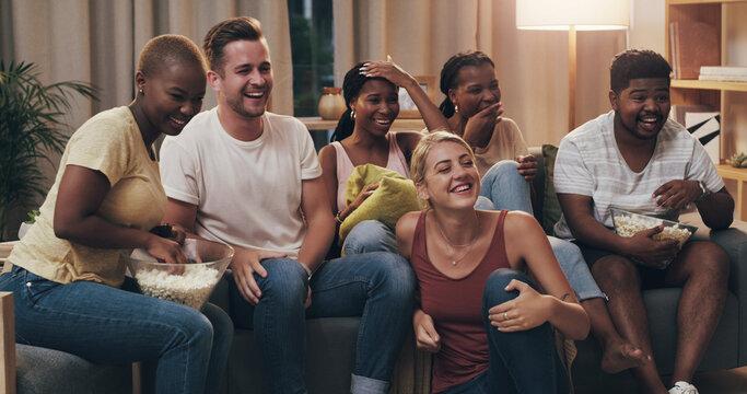 Movie, Friends And Diversity Watch Comedy At Home For Entertainment And Relaxing In The Lounge. Young, Adults And Watch Funny Film Together On A Couch To Relax Or Have Fun On A Weekend At The House.