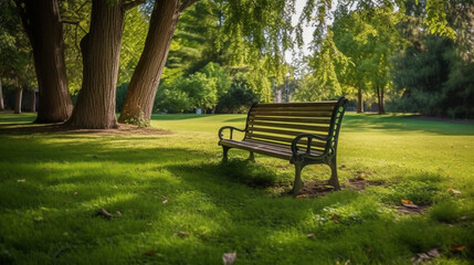 A park bench in the sunlight with the sun shining on the grass.