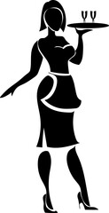 Black stylized silhouette of a young waitress with two glasses of wine on a tray she holds in her hand.