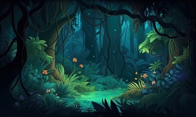 Fototapeta na wymiar Exotic fairy tale forest under the moonlight Creating using generative AI tools