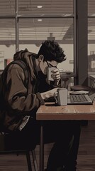 Man working on laptop - Aesthetic lo-fi relaxing phone wallpaper illustration