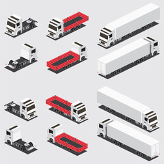 Isometric Red Flatbed Cargo Truck and Truck Trailer with Container. Icons Set. Commercial Transport. Logistics.