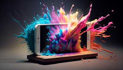 Handy Display explodiert in bunten Farben, OLED Technologie Smartphone, Generative AI  - obrazy, fototapety, plakaty