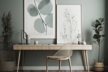 Abstract eucalyptus poster with minimalistic design for boho interiors. Generative AI
