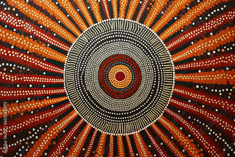 Wall mural Abstract theme of Australian Indigenous Aboriginal art. Represent style and dot painting techniques. Cultural, traditional art concept.AI abstract image.	
