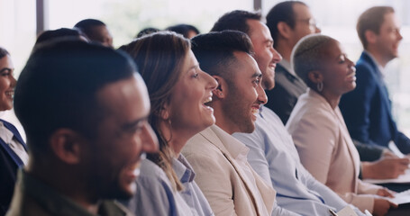 Happy audience, conference and laughing business people at a seminar, workshop or training. Diversity men and women crowd at a presentation for learning, knowledge and funny corporate discussion - obrazy, fototapety, plakaty