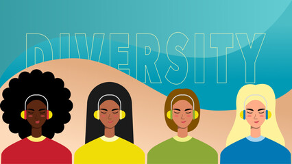 vector illustration of female diverse faces of different ethnicity poster. Women empowerment and diversity movement pattern background. International women s day graphic. girls diversity poster