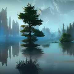 misty morning on the lake in forest