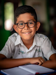 Este encantador niño de lentes es una imagen que captura la dedicación y el enfoque de un estudiante en plena actividad.  - obrazy, fototapety, plakaty