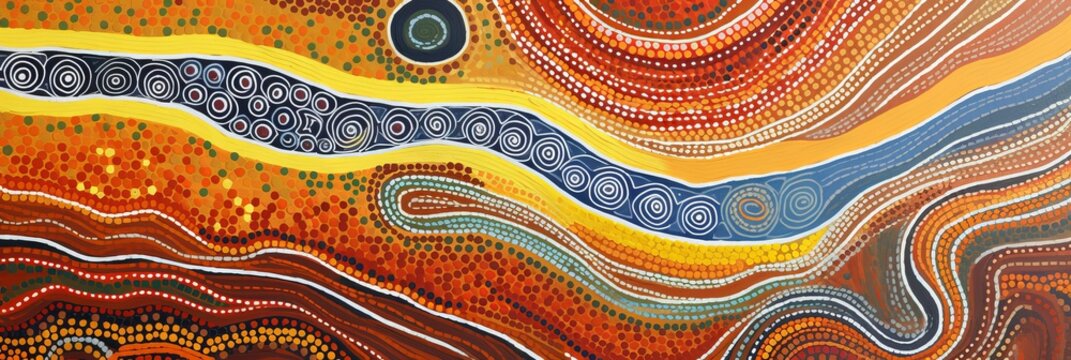 Abstract theme of Australian Indigenous Aboriginal art. Represent style and dot painting techniques. Cultural, traditional art concept.AI abstract image.	
