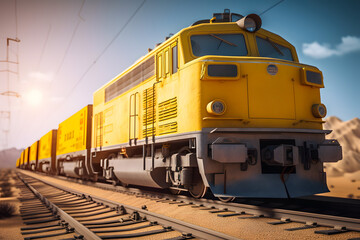 Yellow locomotive on the railway in the desert, freight train. Generative AI.