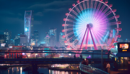 Fototapeta na wymiar Tokyo Ferris Wheel Transcends Amidst Elegant Cityscapes of Dark Cyan and Light Crimson